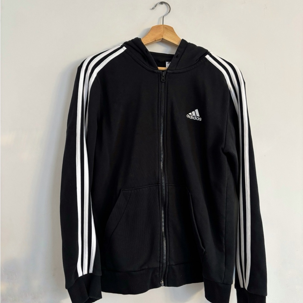 Adidas Unisex Black Hoodie Jacket with White Stripes